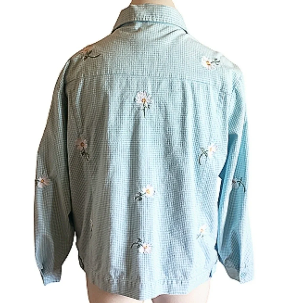 Vintage The Quacker Factory Blue Striped Jacket Floral Embroided Boho Shacket 1X